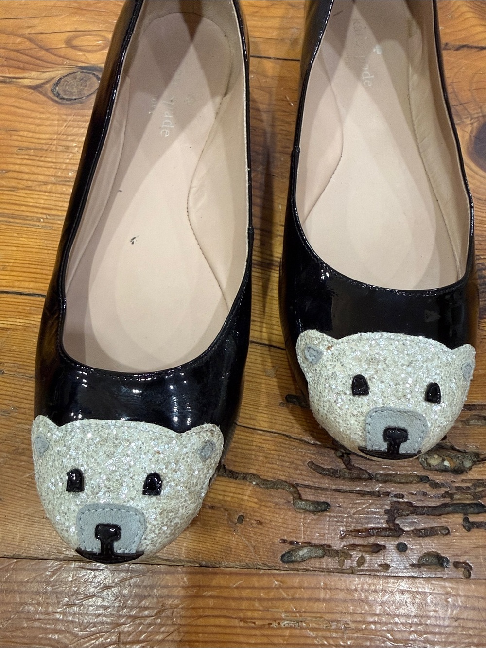 kate spade Black Patent Leather Ballet Flats with Glitter Bear Toes Size 7 M - Picture 3 of 10